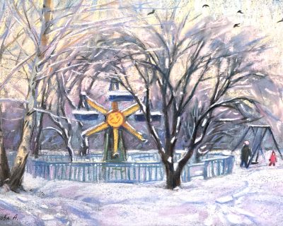 Есипова Анна «Зимний вечер в парке». Бумага, пастель, 30х40см